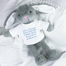 Load image into Gallery viewer, A soft and cuddly personalised bunny plush with pink or blue embroidery, perfect for babies, kids, and special gifts. A heartfelt keepsake for Easter, birthdays, or newborn celebrations!