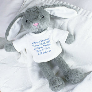 A soft and cuddly personalised bunny plush with pink or blue embroidery, perfect for babies, kids, and special gifts. A heartfelt keepsake for Easter, birthdays, or newborn celebrations!
