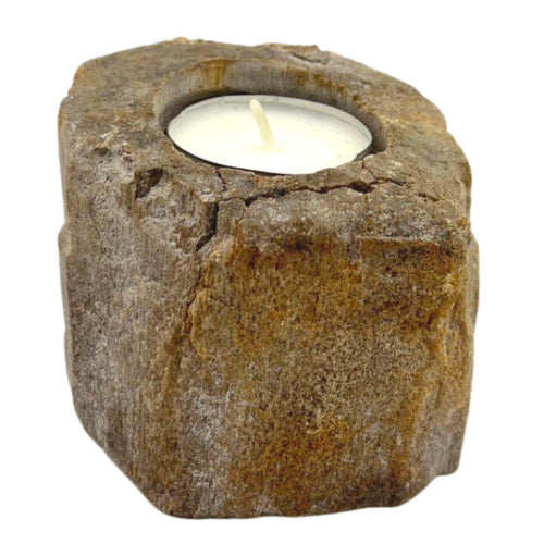  handcrafted tea light candle holder made from fossilized petrified wood, showcasing natural textures and earthy tones, perfect for home decor