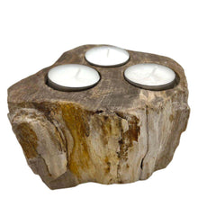 Load image into Gallery viewer,  handcrafted tea light candle holder made from fossilized petrified wood, showcasing natural textures and earthy tones, perfect for home decor