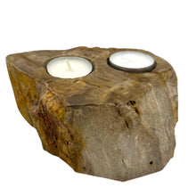 Load image into Gallery viewer,  handcrafted tea light candle holder made from fossilized petrified wood, showcasing natural textures and earthy tones, perfect for home decor