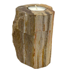 Load image into Gallery viewer,  handcrafted tea light candle holder made from fossilized petrified wood, showcasing natural textures and earthy tones, perfect for home decor