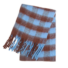 Load image into Gallery viewer, Plaid scarf with brown and blue pattern women’s warm scarf with tassels