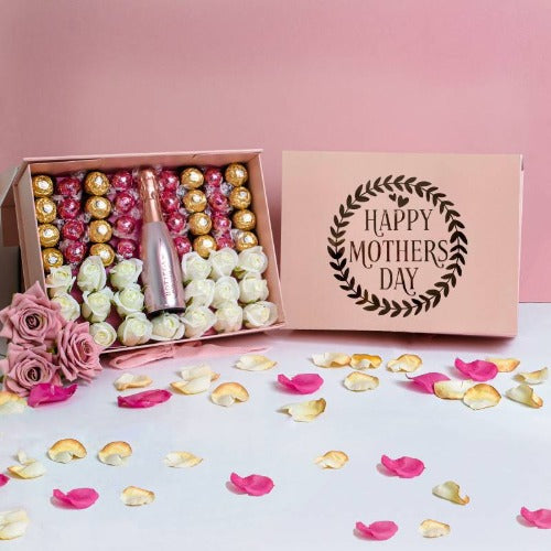 Gift box with prosecco, roses, and chocolates for Mother’s Day