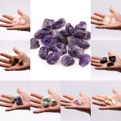  Raw rose quartz and amethyst crystals for chakra healing
