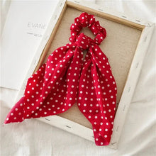 Load image into Gallery viewer, Elastic satin bow ponytail tie in red polka dot print