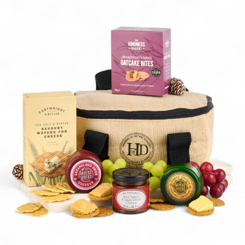 Gourmet savoury treats hamper with cheese, crackers, and chutney gifts