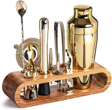 Load image into Gallery viewer, Professional cocktail shaker set with bar tools and bamboo holder