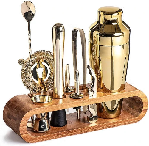 Professional cocktail shaker set with bar tools and bamboo holder