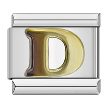 Load image into Gallery viewer, Silver charm with a gold letter 'D' link for modular bracelet