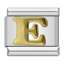 Load image into Gallery viewer, Silver charm with a gold letter 'E' alphabet Italian charm
