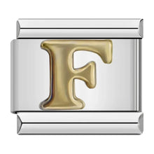 Load image into Gallery viewer, Silver charm with a gold letter 'F' stainless steel Italian charm