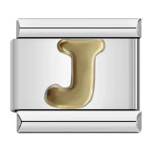 Load image into Gallery viewer, Silver charm with a gold letter 'J' Italian charm for personalised bracelet