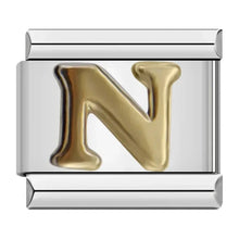 Load image into Gallery viewer, Silver charm with a gold letter 'N' on a silver charm links for DIY Italian jewellery