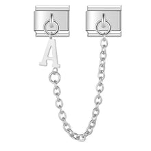 Load image into Gallery viewer, Silver clasp with chain and letter 'A' alphabet charm links for personalised gifts