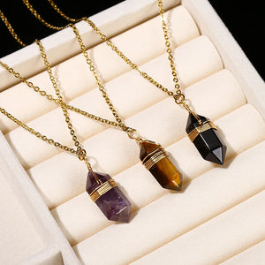 Minimalist stainless steel pendant necklace with natural hexagon pink quartz and amethyst stones.