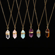 Load image into Gallery viewer, Healing crystal necklace with pink quartz and amethyst in a sleek hexagon design on a stainless steel chain.