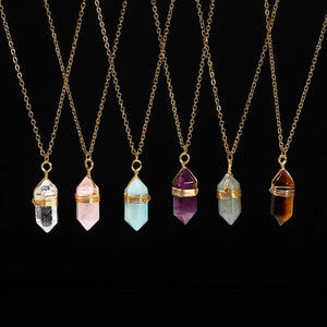 Healing crystal necklace with pink quartz and amethyst in a sleek hexagon design on a stainless steel chain.