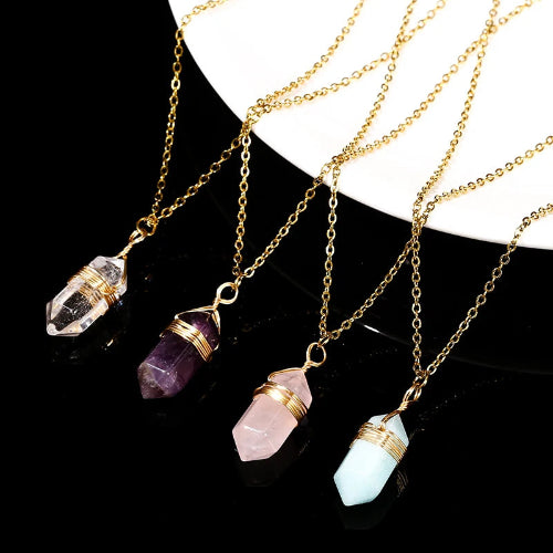 Elegant stainless steel necklace featuring a hexagon-shaped pink quartz and amethyst crystal pendant.