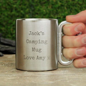 Durable metal mug with custom free text for campers