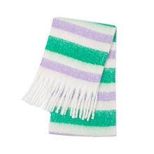 Load image into Gallery viewer, Striped scarf with green, purple, and white colours warm fuzzy cashmere-style scarf