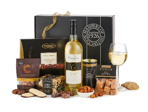 Elegant white wine hamper with gourmet chocolates for special occasions