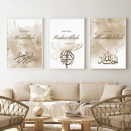 3PCS Islamic posters with Arabic calligraphy and floral design