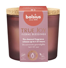 Load image into Gallery viewer, A Balsius True Joy Floral Blessings scented candle in a dark amber glass jar with a cork lid, Botanical scented candle for home fragrance
