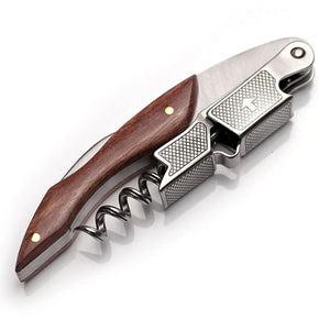 Double hinged corkscrew wine opener with foil cutter