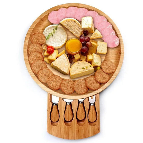 Portable wooden serving tray for cheese, bread, and snacks