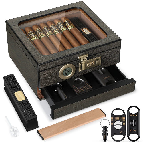 Luxury cigar humidor box with glass top and digital hygrometer