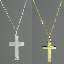 Load image into Gallery viewer, Personalised Sterling Silver, Personalised Gold Plated &amp; Sterling Silver Cross Necklace, Personalised 9ct Gold Cross with Sterling Silver Heart &amp; CZ Necklace