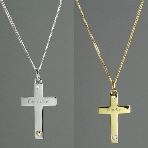 Personalised Sterling Silver, Personalised Gold Plated & Sterling Silver Cross Necklace, Personalised 9ct Gold Cross with Sterling Silver Heart & CZ Necklace