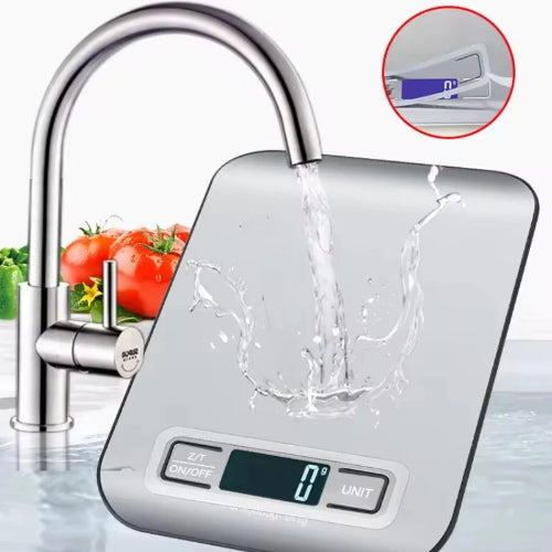 Sleek digital kitchen scale with LED display and stainless steel surface