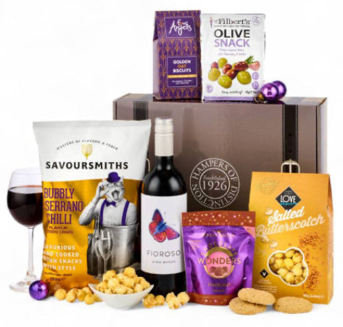 Luxury vegan gift hamper filled with plant-based snacks and treats