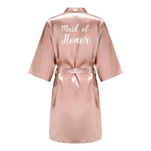 Load image into Gallery viewer, maid of honour pink satin robe getting ready for wedding ceremony
