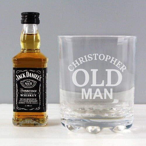 Jack Daniel’s miniature whiskey with personalised old man tumbler gift set