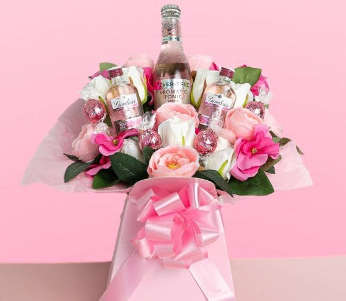 Elegant pink gin and Lindor chocolate bouquet gift for her
