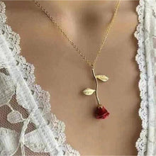 Load image into Gallery viewer, Romantic floral necklace with a red rose charm on a two-tone chain, ideal for anniversaries or Valentine’s Day.