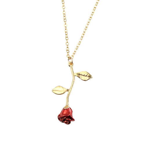 Elegant rose pendant necklace with red rose charm on a silver and gold chain, perfect for romantic gifts.