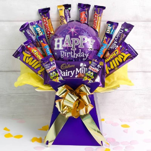 Cadbury chocolate bouquet wrapped for birthday celebration, UK delivery