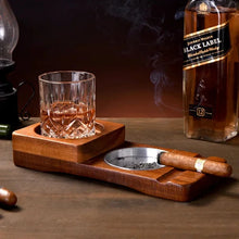Load image into Gallery viewer,  Whiskey glass tray with built-in cigar holder and ashtray coaster