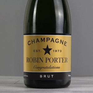 Personalised Black and Gold Label Bottle of Champagne 