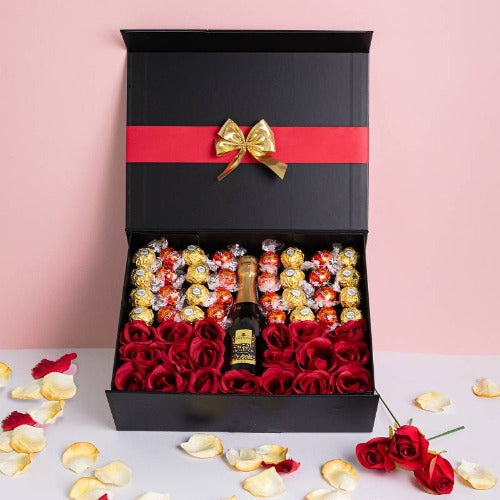 Luxury romantic Prosecco and chocolate hamper with silk roses for her or him
