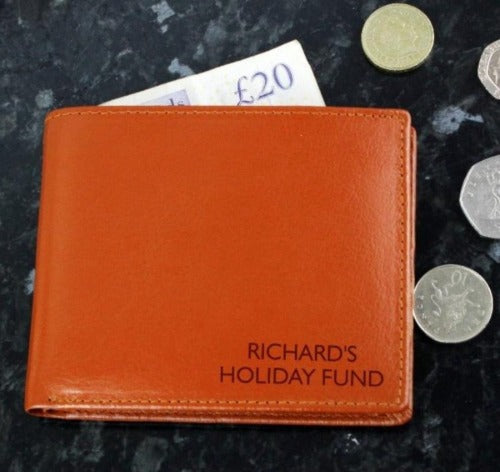Custom engraved leather wallet gift for him in tan brown