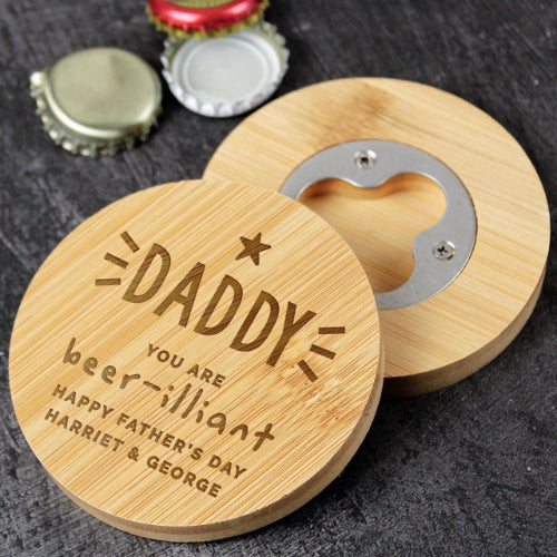 Custom engraved bamboo coaster with built-in bottle opener