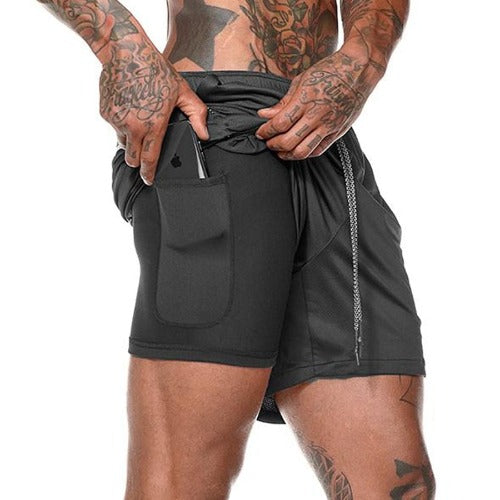 Black men’s running shorts with built-in phone pocket and inner layer