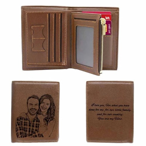 Custom leather wallet with photo and words engraving keepsake