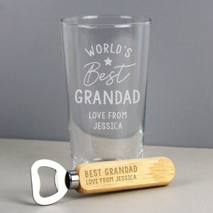 Custom pint glass and bottle opener gift set for him