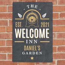 Load image into Gallery viewer, Custom engraved metal pub-style sign gift for home bar or outdoor space